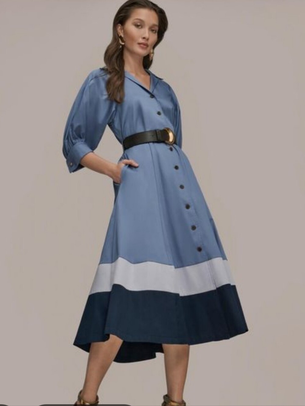 NO BELT 🚫🚫Donna Karan Blue and White Colorblock Midi Shirtdress